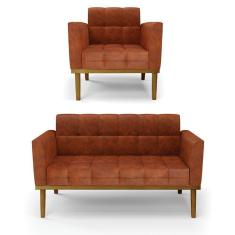 Imagem de Sofá Namoradeira E Poltrona Base De Madeira Castanho Elisa Corano D03 - D'rossi Cor Nozes