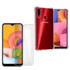 Imagem de Kit Capinha Celular Antichoque Compatível Samsung Galaxy A20s + 2 Película Vidro (Não Cobre Bordas Curvas do Aparelho)