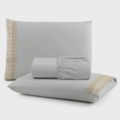 Imagem de Jogo de Lençol Rubi Casal 3 Pçs 100% Algodão 200 Fios Ponto Palito Bordado - Cinza