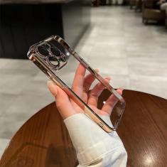 Imagem de Capa de telefone de silicone transparente revestida para iPhone 15 14 13 12 11 Pro X XR XS Max 7 8 Plus Mini capa de proteção de lente capa traseira, dourada, para iPhone 14 Plus