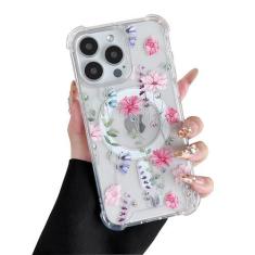 Imagem de DEFBSC Capa magnética para iPhone 16 Pro Work with Magsafe, design de estampa floral transparente com estampa de acrílico flexível à prova de choque para mulheres e meninas, capa protetora de flores,
