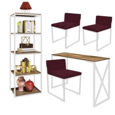 Imagem de Kit Escritório Bex 3 Cadeiras Suede Bordô com 1 Mesa e 1 Livreiro Ferro Branco MDF Carvalho - Ahazzo Móveis