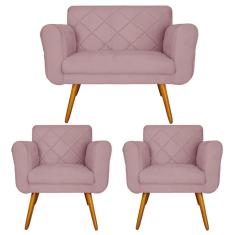 Imagem de Jogo Namoradeira e 2 Poltrona Decorativa Para Recepção Isabella Suede Rosê - DL DECOR