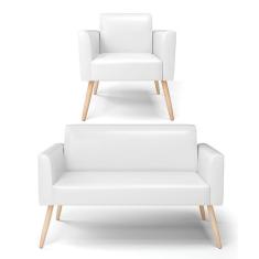 Imagem de Sofá Namoradeira Com Poltrona Pés Palito Natural Marisa Corano Branco D03 - D'rossi