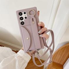 Imagem de Capa de telefone tiracolo com alça de pulso para Samsung Galaxy S23 S22 S21 S20 Plus Note 20 Ultra porta-cartão carteira cordão capa de couro, roxo claro, para Galaxy S21