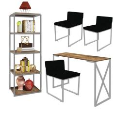 Imagem de Kit Escritório Bex 3 Cadeiras Corino Preto com 1 Mesa e 1 Livreiro Ferro Cinza MDF Caramelo - Ahazzo Móveis
