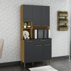 Imagem de Cozinha Compacta com 6 Portas 1 Gaveta e Espaço para Micro-ondas 100% Mdf San Marino Espresso Móveis Amêndoa/Cinza