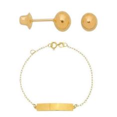 Imagem de Pulseira Infantil Chapinha Com Brinco Bola 4mm Ouro 18K - Aea Caribe