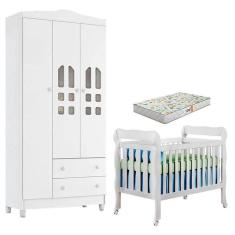 Imagem de Berço Americano E Guarda Roupa Infantil New Selena 3 Portas Branco Brilho Com Colchão Gazin