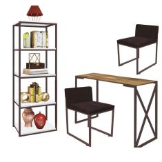 Imagem de Kit Escritório Bex 2 Cadeiras Corino Marrom com 1 Mesa e 1 Livreiro Ferro Marrom MDF Caramelo - Ahazzo Móveis