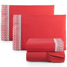 Imagem de Jogo De Lençol King Suave Barrado Lese 4 Peças Barato - Vermelho