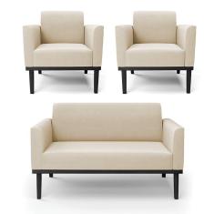 Imagem de Sofá Namoradeira Com 2 Poltronas Base De Madeira Fixa Preto Marisa Suede Bege D03 - D'Rossi