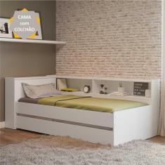 Imagem de Bicama com Colchão Incluso, Prateleira Lateral e Baú Embutido Multimóveis Branca