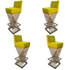 Imagem de Kit 04 Banquetas Luma Base de Ferro Sued Amarelo - D'Classe Decor