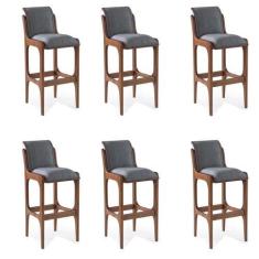 Imagem de Kit 6 Banquetas Alta Madeira Maciça Pedri Linho Cinza/Imbuia G42 - Gran Belo