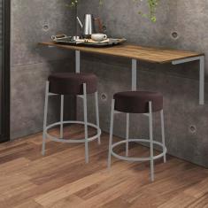 Imagem de Kit Mesa Suspensa de Parede Fixa MDF Castanho + 2 Banquetas Sintra Ferro Prata Corino Marrom - Ahazzo Móveis