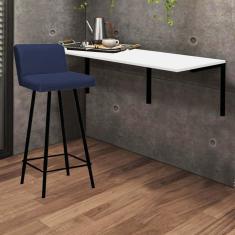 Imagem de Kit Mesa Suspensa de Parede Fixa MDF Branco + 1 Banqueta Lexi Ferro Preto Sintético Azul Marinho - Ahazzo Móveis