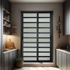 Imagem de Porta de Correr com Travessas 2 Folhas Moveis 210 X 200 Elite com Fecho Automático Vidro Liso Preto
