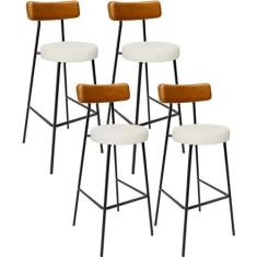 Imagem de Kit 04 Banquetas Alta Cozinha Sala Jantar Milão L02 Couríssimo Whisky Linho Champagne - Lyam Decor