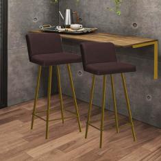 Imagem de Kit Mesa Suspensa de Parede Fixa MDF Freijó + 2 Banquetas Lexi Ferro Dourado Suede Marrom - Ahazzo Móveis