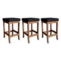 Imagem de Kit 3 Banquetas Médias Modernas Barcelona Estofada 64 Cm Madeira Maciça Suede Preto CCS