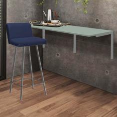 Imagem de Kit Mesa Suspensa de Parede Fixa MDF Verde Oliva + 1 Banqueta Lexi Ferro Cinza Sintético Azul Marinho - Ahazzo Móveis