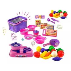 Imagem de Kit Cozinha Infantil Brinquedo Fogão + Cesta Frutas Legumes Cor Colori