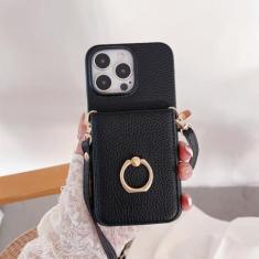 Imagem de Capa de telefone com suporte de anel para iPhone 15 14 Plus 13 12 11 Pro Max Bolsa de bolso Suporte para cartão de crédito Crossbody Lanyard Capa de couro, preta, para iPhone 12