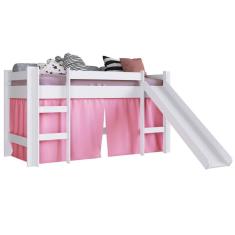 Imagem de Cama Infantil Elevada com Escorregador Branca e Cortina Rosa