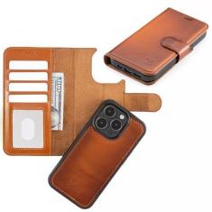 Imagem de Node Leather Capa para iPhone 15 Pro com compatibilidade MagSafe, capa carteira de couro genuíno para iPhone 15 Pro com suporte para cartão, capa flip magnética destacável, bloqueio RFID - marrom