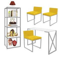 Imagem de Kit Escritório Bex 3 Cadeiras Suede Amarelo com 1 Mesa e 1 Livreiro Ferro Cinza MDF Branco - Ahazzo Móveis