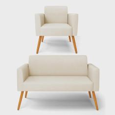 Imagem de Sofá Namoradeira com Poltrona Pés Palito Castanho Marisa Linho Bege A19 D03 - D'Rossi