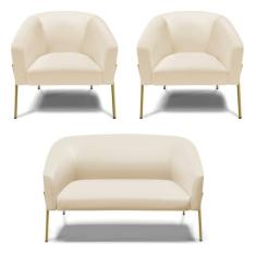 Imagem de Sofá Namoradeira e 2 Poltronas Pé de Ferro Dourado Stella Corino D03 - D'Rossi