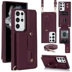 Imagem de Capa de couro com alça de mão crossbody para Samsung Galaxy S23 S22 Ultra A54 A14 A34 A53 5G cordão porta cartão, vermelho, para Galaxy A52S 5G