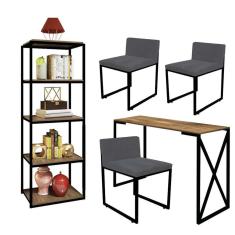 Imagem de Kit Escritório Bex 3 Cadeiras Corino Cinza com 1 Mesa e 1 Livreiro Ferro Preto MDF Imbuia - Ahazzo Móveis