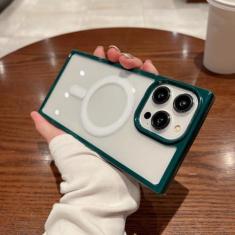 Imagem de Luxo sem fio carga transparente caso para iphone 14 13 12 11 pro max plus quadrado magnético pára-choques casos claros capa, verde, para iphone 14