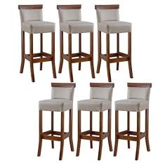Imagem de Kit 6 Banquetas Alta com Encosto Estofada 36x100 Cm Diamantina Madeira Maciça Linho Bege M58 - RMI