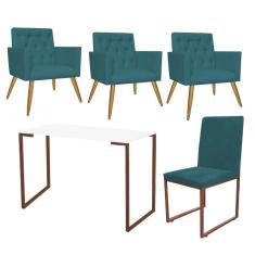 Imagem de Kit Escritório Stan 3 Poltronas Capitonê com Cadeira e Mesa Industrial Branco Bronze Suede Azul Turquesa - Ahz Móveis