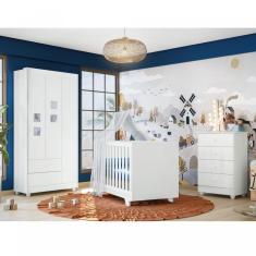 Imagem de Quarto de Bebê 100% MDF Berço Minicama com Colchão, Cômoda e Guarda Roupa 3 Portas Life Branco