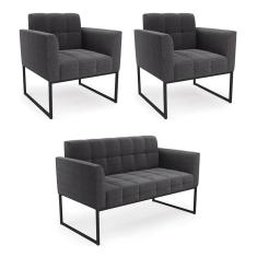 Imagem de Sofá Namoradeira e 2 Poltronas Industrial Pto Elisa Bouclê Grafite D03 - D`Rossi