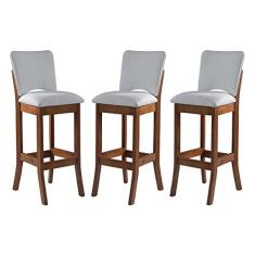 Imagem de Kit 3 Banquetas Alta Estofada Bianca 38 x 108 Cm Madeira Maciça Imbuia Linho Bege Cru L71 - RMI