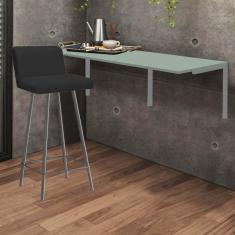 Imagem de Kit Mesa Suspensa de Parede Fixa MDF Verde Oliva + 1 Banqueta Lexi Ferro Cinza Corino Preto - Ahazzo Móveis