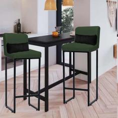 Imagem de Kit 02 Banqueta Alta com Encosto Lucca Industrial Cozinha Balcão Ferro Preto Suede Verde e Almofada Preto - Ahazzo Móveis