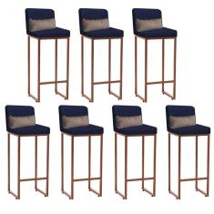 Imagem de Kit 07 Banqueta Alta com Encosto Lucca Industrial Cozinha Balcão Ferro Bronze Corino Azul Marinho e Almofada Bege - Ahazzo Móveis