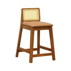 Imagem de Banqueta Média Gabi Madeira Maciça Encosto Telinha Natural Assento Estofado Sintético Amêndoa/Caramelo