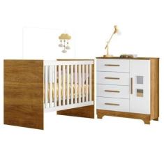 Imagem de Quarto de Bebê com Berço com Suporte 100% Mdf Life e Cômoda 4 Gavetas 1 Porta Fly 100% Mdf Branco/madeirado Ypê