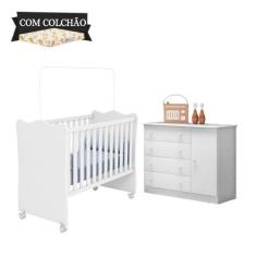 Imagem de Quarto De Bebê Completo Doce Sonho Branco Com Colchão E Rodízios Qmovi