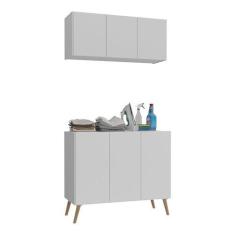Imagem de Conjunto Lavanderia Retrô Multiuso Armário Aéreo e Balcão 3 Portas Multimóveis Mp5050 Branco/natural