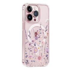 Imagem de Akeivare Capa para iPhone 15 Plus Magsafe, capa floral fina à prova de choque rígida de policarbonato + TPU bumper flor feminina capa magnética transparente