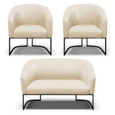 Imagem de Sofá Namoradeira E 2 Poltronas Base Industrial Preto Stella Corino D03 - D`rossi Cor Bege